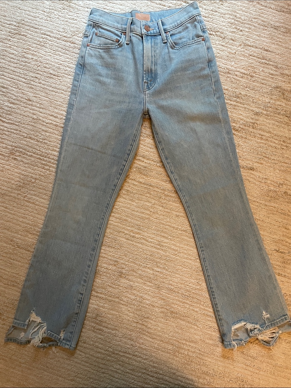 MOTHER Light Blue Flare Jeans with Distressed Hem NWT
